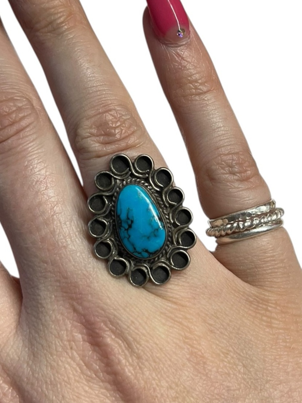 Vintage Estate Native Southwestern Turquoise Sterling Silver Swirl Ring Size 7